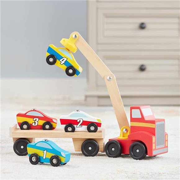 Magnetic Car Loader Wooden Toy Set With 4 Cars and 1 Semi-Trailer Truck - Crane - Picture 3 of 6